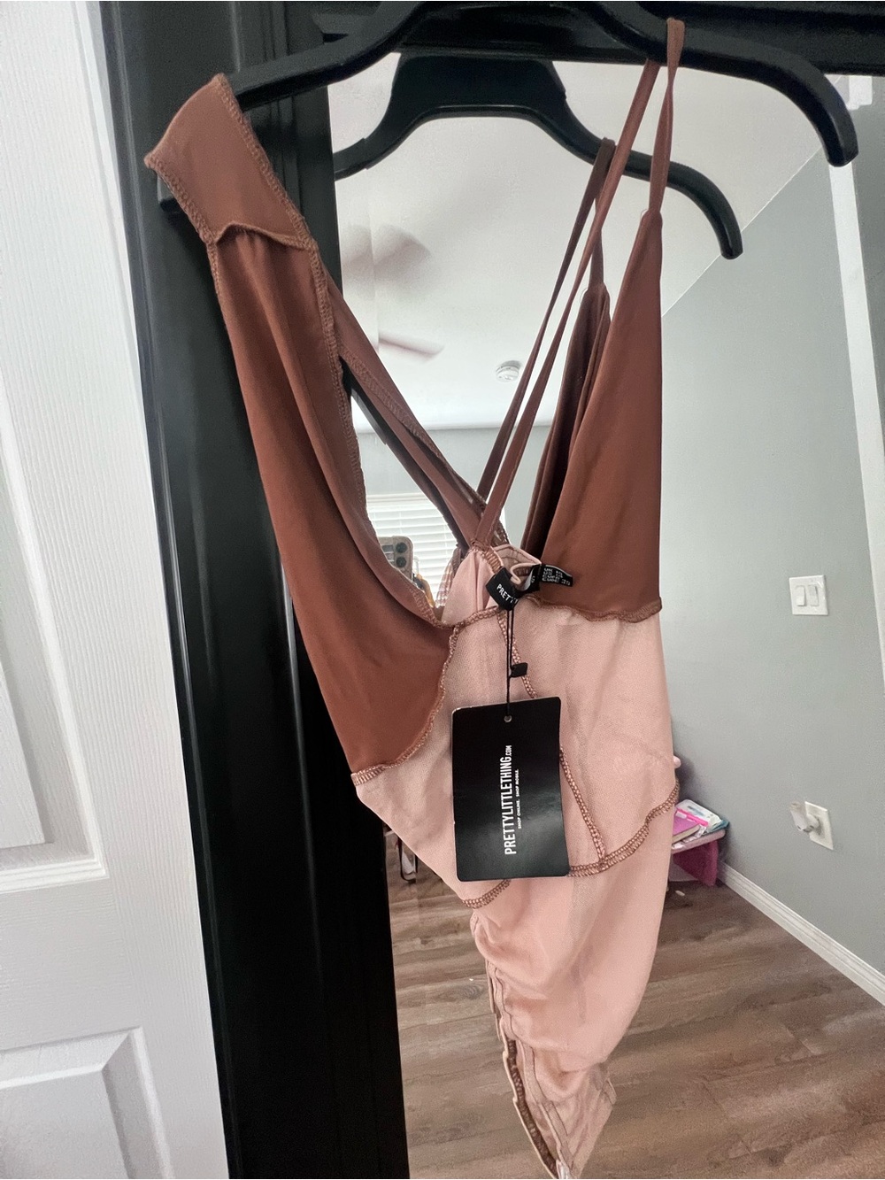 PrettyLittleThing Brown & Blush Colorblock Strappy Bodysuit